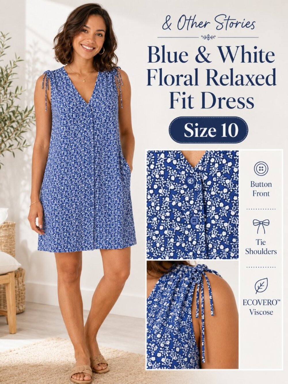 & Other Stories Blue White Floral Relaxed Fit Button Front Dress Size 10